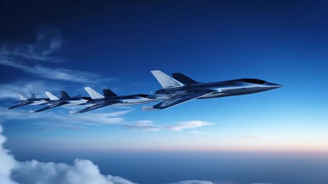 Sleek silver fighter jets flying in formation against a vibrant blue sky with scattered clouds at sunrise, showcasing a dynamic scene of power and precision in a realistic aviation art style