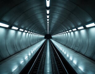 Fototapeta premium Empty subway tunnel with train tracks stretching into distance. Linear lights illuminate concrete walls, polished platform creating dramatic perspective. Modern urban transport infrastructure awaits
