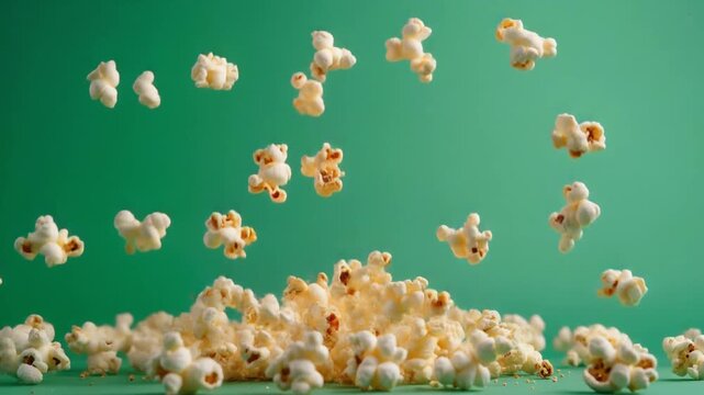 Freshly popped popcorn kernels flying in the air with vibrant green background for snack and movie time confetti effects concept
