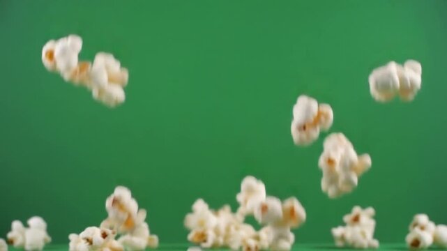 Fresh popped popcorn kernels floating in air with green background snack food