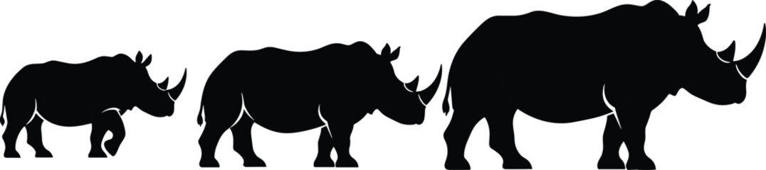 Black silhouettes of three rhinos of different sizes rhinoceros white background animal © Salam Creatives