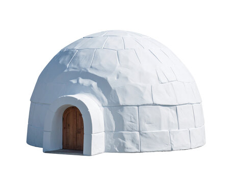 Igloo made of white blocks with wooden door and curved entrance