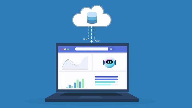 Flat vector animation of laptop displaying database dashboard connected to cloud system, representing data storage management, analytics monitoring, and digital technology workflow.
