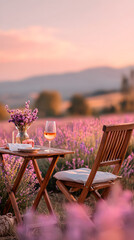 Romantic sunset picnic table with ros&eacute; wine in blooming lavender field