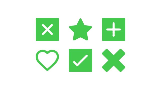 Green Button Symbols Tick, X, Star, Heart, Add animation on white background.