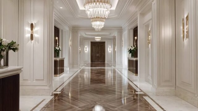 Tour of a luxury hotel lobby area at night