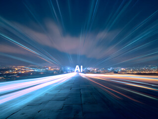 Artificial intelligence concept with futuristic speed light trails and city background