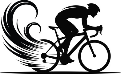 Obraz premium A dynamic minimalist black silhouette of a road cyclist with stylized speed lines trailing behind the bike.