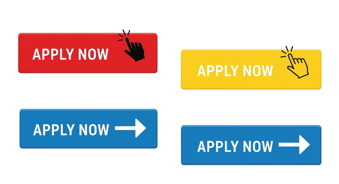 Four colorful apply now buttons with hand and arrow icons