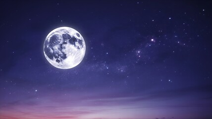 Obraz premium A serene digital artwork of a mystical forest under a full moon, with stars shining brightly in the night sky from a distant viewpoint