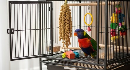 A birdcage with the door open, a colorful parrot sitting on a perch inside, with millet spray and toys visible.