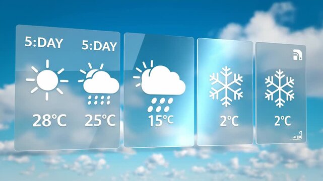 Futuristic weather forecast showing sun, rain, and snow icons on transparent glass screens, ideal for climate technology and global news reports.