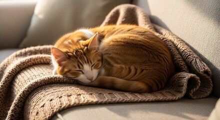 A cat curled up asleep on a woolen blanket on a couch, a symbol of ultimate relaxation and leisure.