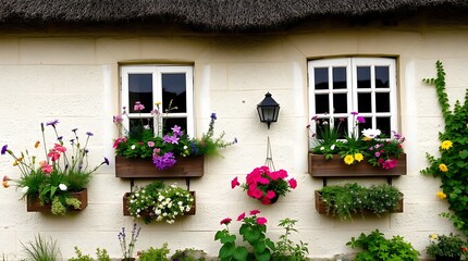 A charming, rustic exterior of a countryside cottage, adorned with window boxes overflowing with wildflowers and a thatched roof