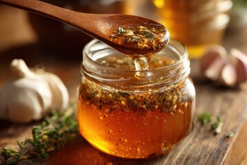 Close-up of a wooden spoon dipping into a jar of infused honey (garlic and herb), immune booster