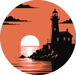 Coastal Lighthouse Silhouette On Cliff At Sunset