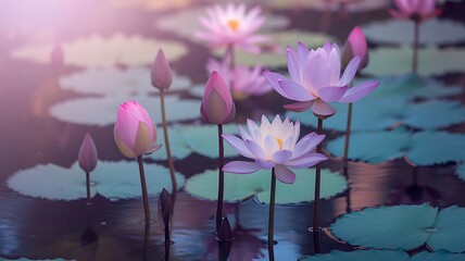 A serene water lily pond scene with blooming flowers and buds in a peaceful environment viewed from a close-up perspective.