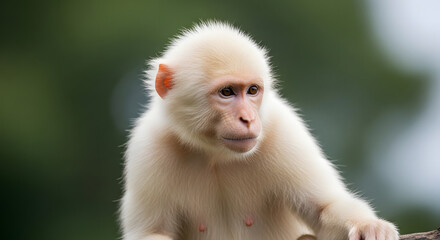 Close-up portrait of a rare white monkey or macaque with soft fur and expressive brown eyes in a natural setting.