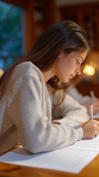 Young woman writes in a notebook at a cozy desk at night; she shifts posture, lifts the pen, continues steady notes, then smiles faintly while warm bokeh lights flicker behind.