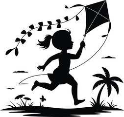 Little Girl Flying Kite On Tropical Beach