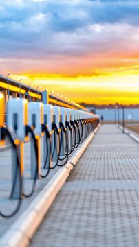 Close view along multiple EV charging posts at dusk with soft bokeh lights. The camera glides forward and slightly right, shifting focus down the row as hanging cables and pavement lines parallax.