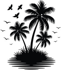 Tropical Island Palm Trees And Flying Birds