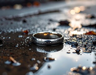 Ehering auf nassem Stra&szlig;enpflaster als Symbol f&uuml;r kaputte Ehe und Trennung