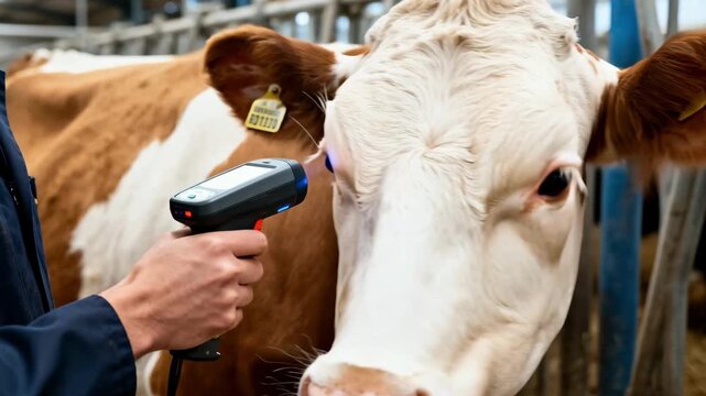 Closeup medium shot of a worker scanning RFID tags on cattle ears using a handheld reader confirming electronic identification before processing.