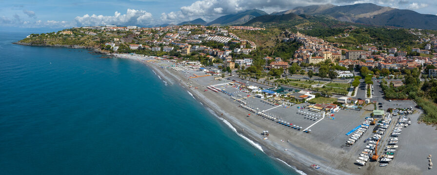 Panoramic aerial view of the seafront and the city of Scalea, located in the province of Cosenza, Italy. It is a summer tourist destination on the Tyrrhenian coast of Calabria. It's a summer morning.