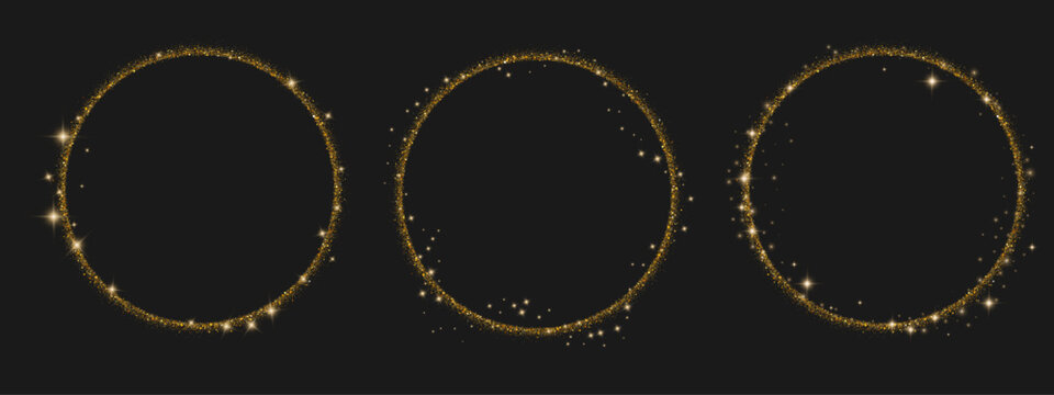 Gold glitter circle frames set. Three ring borders of sparkling dust particles. Star bursts, shimmer dots, bright flares on black background. Luxury invitation. Vector elements.