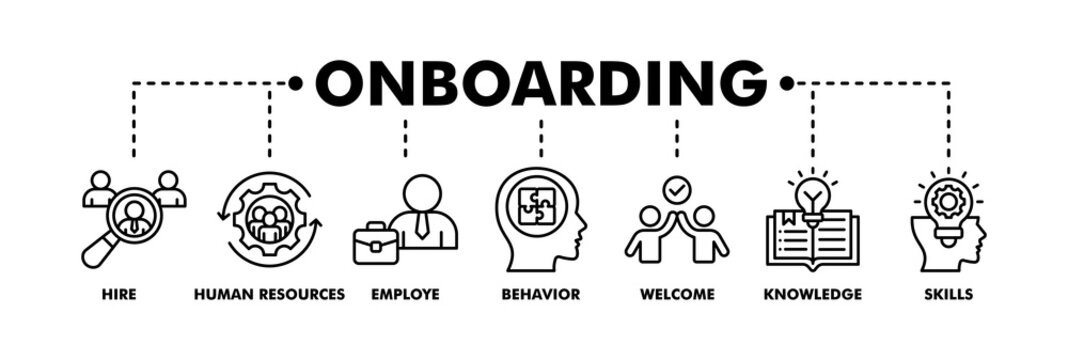 Onboarding banner web line vector illustration concept for human resources business industry to introduce newly hired employee into an organization with behavior, welcome, knowledge, and skills icon