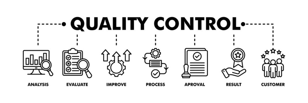 Quality control banner web line vector illustration concept for product and service quality inspection with an icon of analysis, evaluation, improve, process, approval, result, and customer