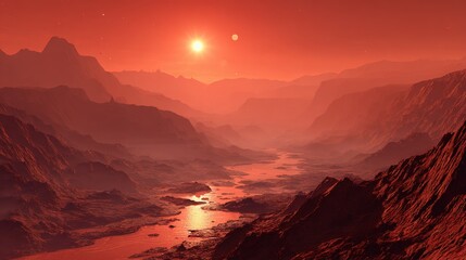 Fototapeta premium A stark black-and-red canyon landscape with impossible depth under an alien sun.