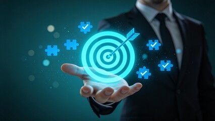 Fototapeta premium Business target achievement concept with glowing bullseye and arrow in hand,strategic goal success and project completion symbol