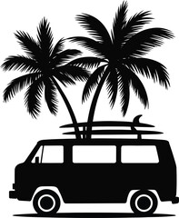 Surf Van Parked Under Tropical Palm Trees
