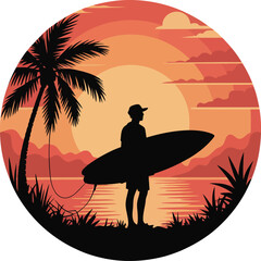 Surfer Silhouette Standing on Tropical Beach Sunset