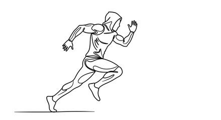 Fototapeta premium Athletic hooded runner sprints forward in a dynamic continuous line art drawing signifying speed and motion