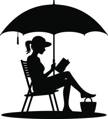 Serene Woman Reading Under Large Beach Umbrella