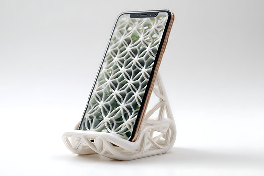 Modern smartphone on innovative 3D printed stand with geometric design