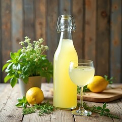 Fototapeta premium Bottle and glass of fresh lemonade with lemons and herbs on rustic wood table. Refreshing cold drink for summer thirst. Healthy homemade beverage preparation with citrus.