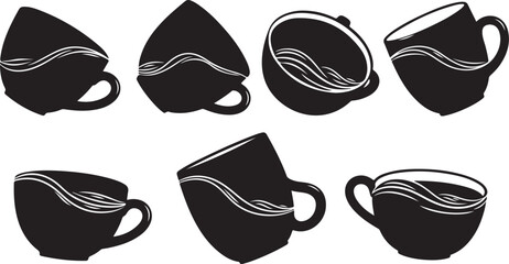 Collection of black coffee cups with white wave designs