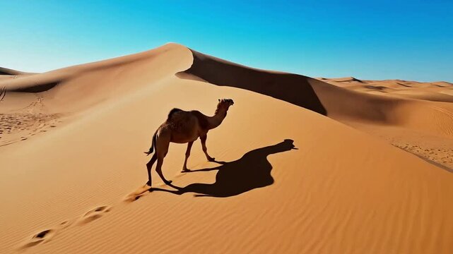A lone dromedary camel gracefully walks across the endless golden sand dunes of a vast desert under a clear blue sky, leaving footprints in the sand.