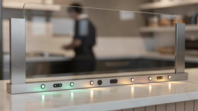 Medium shot of a smart sneeze guard with LED indicators glowing softly highlighting proximity sensors alerting staff for timely cleaning and hygiene maintenance.