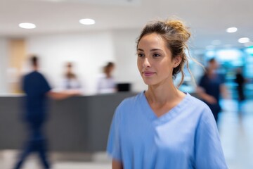Obraz premium Female caucasian young nurse in hospital setting with colleagues in background