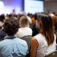 Audience engaged in presentation: diverse group listening to speaker at conference