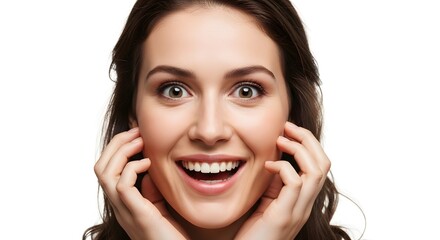 Excited Woman with Hands on Cheeks Smiling Brightly