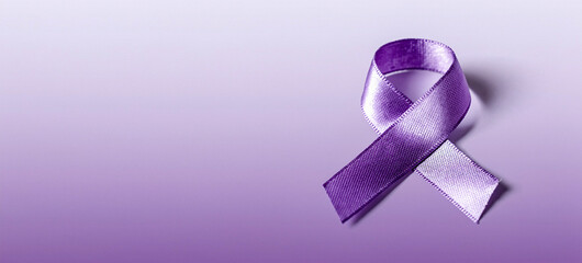 A purple ribbon on a gradient purple background symbolizing awareness and support
