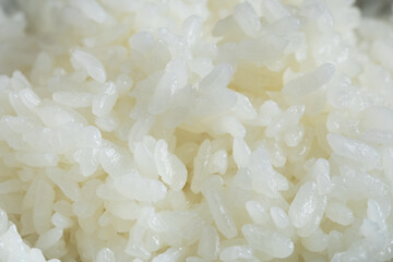 Close-up of freshly cooked Japanese rice with soft, fluffy texture and glossy grains, suitable for food background, Asian cuisine, restaurant menus, and commercial use.