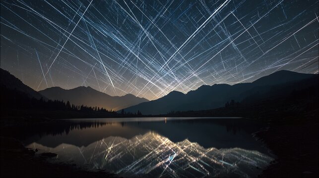 Timelapse of meteor trails forming a celestial web over mountains, mirrored in a tranquil lake below.