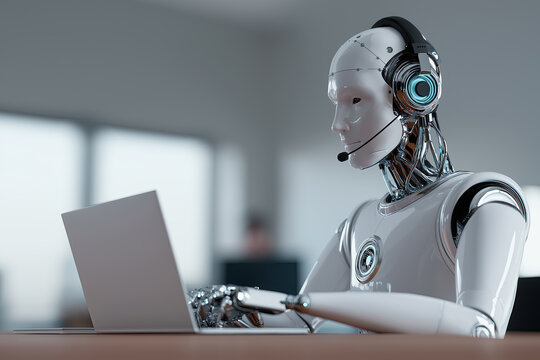 A futuristic white android agent wearing a headset operates a silver laptop in a bright modern office setting.
